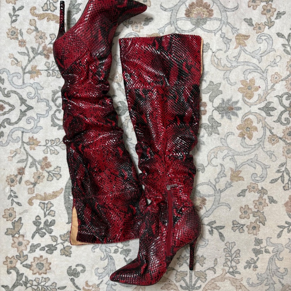Jessica Simpson Red Snakeskin Over The Knee Slouch Stiletto Boots 7.5M 38 - Picture 4 of 10